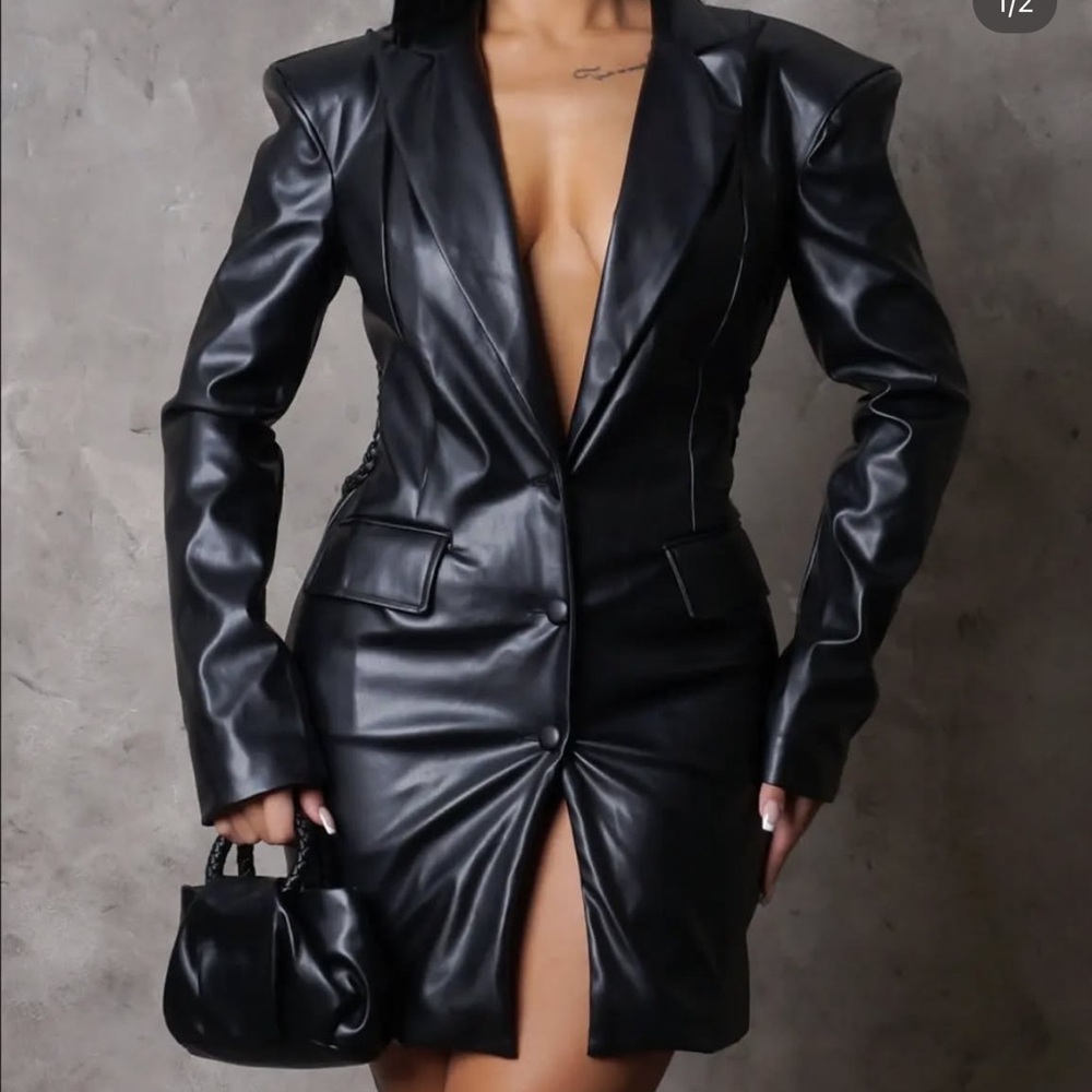 Elegant Black Leather Women's Blazer Dress